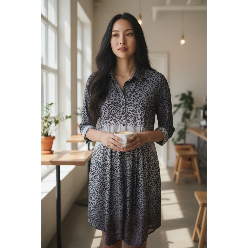 Reborn Women's Charcoal Gray and White‎ Leopard Print Button-Front Dress Large